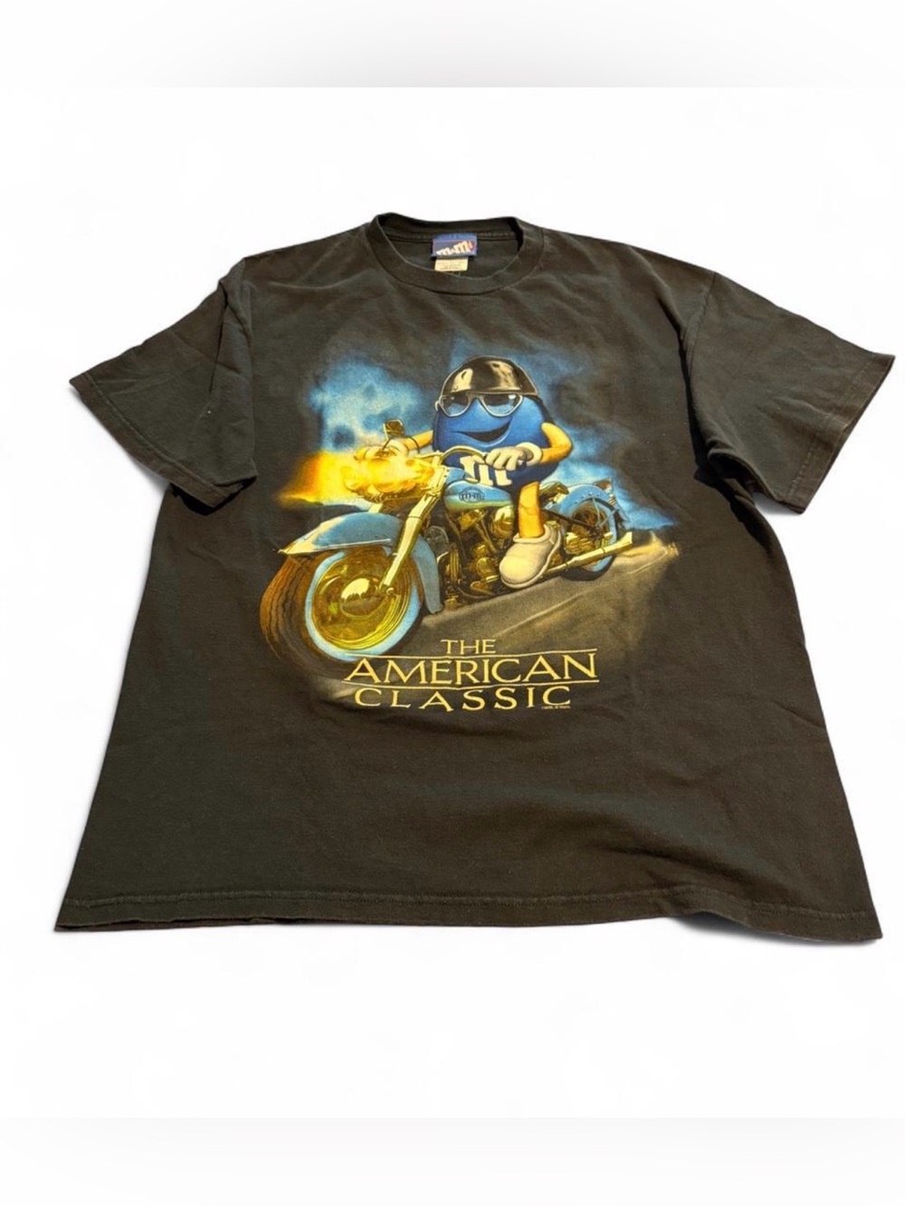 Vintage M&M'S Black Tee with Blue & Yellow M&M Motorcycle Graphic